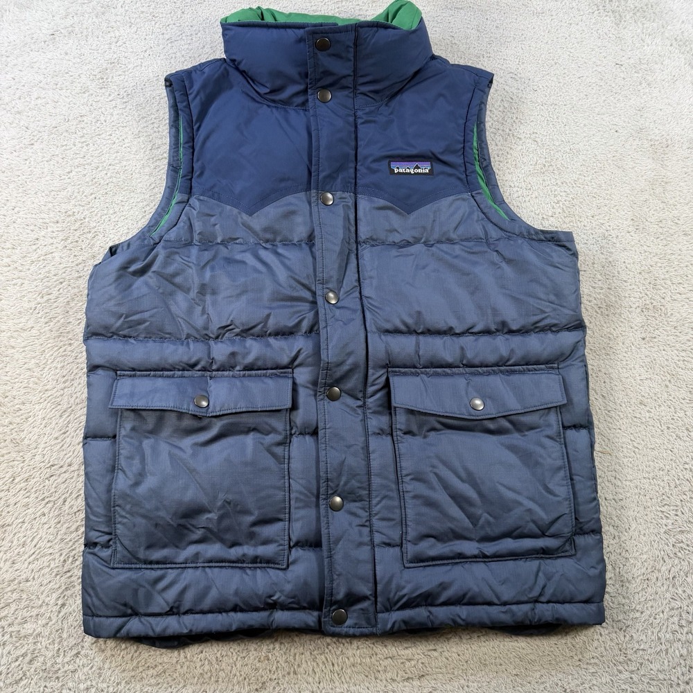 Patagonia Puffer Vest Mens XS Blue Goose Down Insulated Snap Front Hiking - Picture 1 of 10